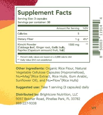 Brightcore Nutrition - Kimchi One, Kimchi Powder Capsules, 90 Vegan Capsules